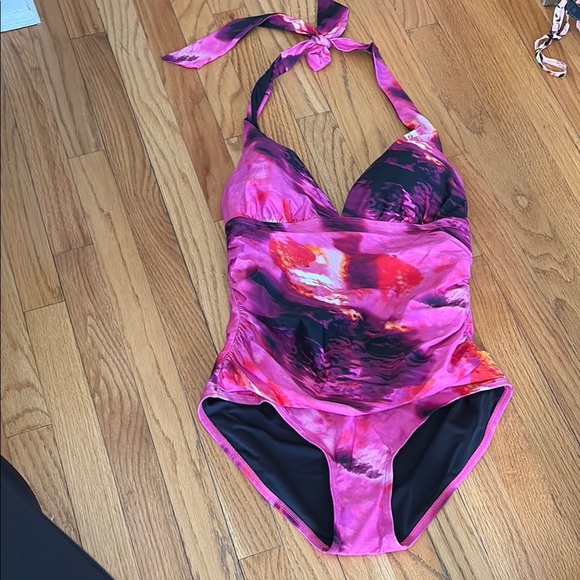 Pink and Black One Piece Swimwear with Halter Neck - Picture 1 of 3